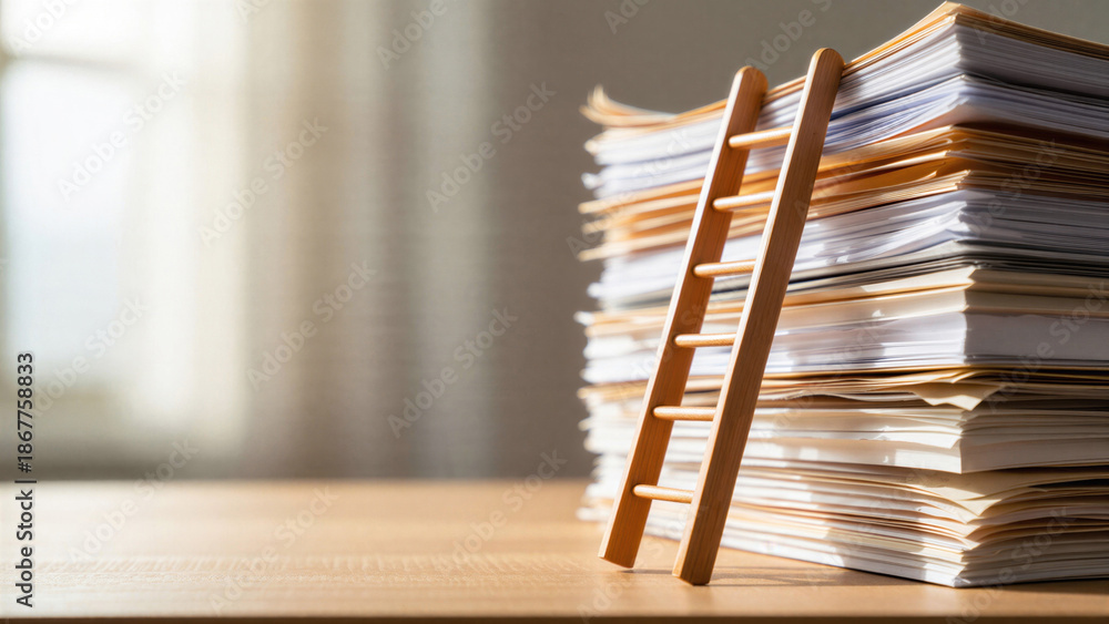 Symbolic image of a wooden ladder leaning on a tall stack of documents ...
