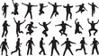 © NexThread - Set of jumping and active people silhouettes, happy human figures in dynamic poses like running, dancing and celebrating for sports graphics and success concepts.