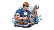 © crsnd - Cartoon Plumber Fixing Leaky Pipe with Wrench.