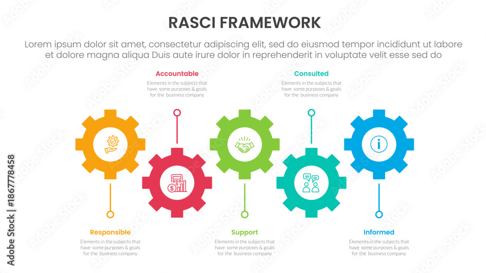 RASCI framework infographic template banner with horizontal timeline with gear structure shape up and down with 5 point list information for slide presentation