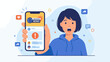 © NurunNahar - Surprised woman holding smartphone with breaking news alert. Shocked girl reading viral content. Mobile notification concept. Flat vector illustration. Social media. Unexpected info.