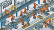 © NurunNahar - Isometric car factory with robotic arms welding vehicles on conveyor belt assembly line. Industrial automation technology. Auto production plant. Smart industry. Engineering process.
