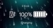 © vectorfusionart - Displaying centered UI cluster showing 100% battery with charging station and Eco leaf on dark grid