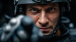 © Laura - Dramatic close-up of soldier in tactical gear pointing at camera, faceless intense gesture, law enforcement confrontation, security training scenario, direct engagement moment, wit