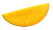 © Temma - A vibrant, close-up shot showcasing a single, ripe, juicy mango slice isolated against a stark black background