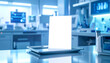 © asif - Modern laboratory equipment and blank paper on tablet in a research facility environment viewed from the front.