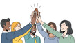 © Hesti - Diverse group of five smiling coworkers join hands overhead in a celebratory high-five, united proud