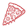 © Modina Khatun - Single slice of pizza with pepperoni and mushroom toppings in a red line drawing
