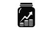 © Abdullah - Black and white icon depicting a savings jar containing three stacks of rising coins underneath a strong upward trending arrow symbolizing financial growth and investment success concepts