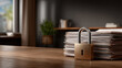 © Nattapol - Security data privacy protection document lock office confidential cyber archive Secure lock protects confidential document stack wooden desk