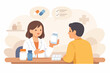 © Jiraphong - Helpful pharmacist consultation for concerned male patient discussing medication bottle and pill dosage treatment plan in clinic office with professional advice and warm caring service attitude