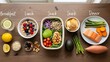 © MstTaslima - Balanced diet concept with various healthy food groups on a wooden table