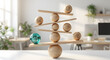 © solom - balanced wooden sculpture with icons of industry security finance and growth representing business stability risk management strategic economic planning and corporate sustainability