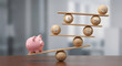 © solom - balanced financial growth concept with pink piggy bank on wooden scales and icons for savings investment planning budgeting accounting and wealth management in office setting