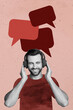 © deagreez - Sketch composite photo collage trend artwork of young man smile hand hold headphones listen music playlist app chat message speech cloud