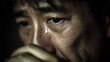 © bephoto - 涙を流し口元を押さえる男性、悲しみをこらえる表情