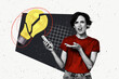 © deagreez - Trend artwork banner sketch 3D collage of young lady confused face hold smartphone broken idea bulb jigsaw startup creative solution