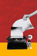 © deagreez - 3D collage poster of big size hand hold paper typewriter machine report author news writing journalist vintage young woman sit down stress