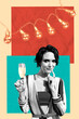 © deagreez - 3d pop image vertical art collage of happy girl hold champagne glass celebration event light bulb decor garland bar entertainment