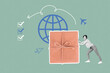 © deagreez - Sketch design poster 3D photo collage of small size young lady push box delivery post purchase shopping client flight arrow point global