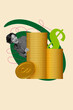 © deagreez - Template sketch trend artwork 3D photo collage of young woman peek pile coins currency investment earnings finance budget economy trader