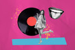 © deagreez - 3D collage trend artwork composite sketch poster of young lady dance vinyl record mouth smile night party weekend occasion entertainment