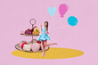 © deagreez - Composite image trend artwork collage of dieting food meal dinner nutrition sweet marshmallow young lady walk hold air balloon celebrate