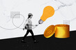 © deagreez - 3D photo collage template artwork sketch of currency cash wealth finance trade young lady worker walk idea lamp bulb pile coins creative