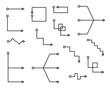 © Agung - Set of vector schematic node arrows in linear outline style isolated on white. Minimalist geometric connector lines for technical mind map infographics.