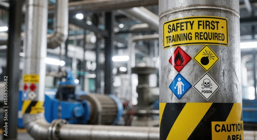 Closeup of safety signage and colorcoded hazard labels in a chemical ...