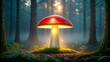 © Володимир Виповський - Large red mushroom with bright light in a dense forest during twilight hours