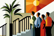 © AIPhoto - Abstract family modern interior staircase sunlight geometric art houseplant diverse people togetherness warm color palette minimal design abstract