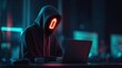 © Kristina - Hacker in hoodie with glowing red low battery icon on face working on laptop in dark room
