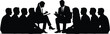 © Meherun - Group discussion or seminar with seated participants and two facilitators writing notes Black vector silhouette