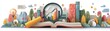 © Wave - A colorful illustration of an open book with a magnifying glass, showcasing graphs against a backdrop of buildings and nature, symbolizing research and discovery
