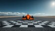 © Neural Pixels - Fast race car on a desert track with checkered flag in the foreground during daytime