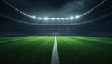 Professional soccer stadium illuminated at night without crowd representing competition and sports infrastructure