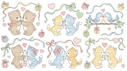  A collection of charming pastel illustrations featuring cute cartoon animals like bears, kittens, and birds in loving pairs, adorned with hearts, ribbons, and gifts.