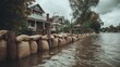 © TensorSpark - House by flooded river protected with sandbag barrier, signifying flood insurance need and flood damage risk mitigation.