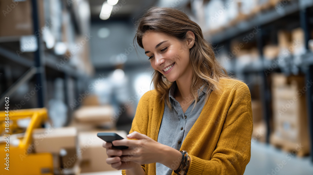 Faceless female warehouse worker scanning packages in storage room, woman using inventory tracking technology, logistics employee with scanner, defocused person working, with copy space