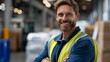 © Denis Yevtekhov - Faceless cheerful young warehouse worker in protective vest, happy logistics employee in safety gear, positive distribution center staff, smiling storage facility professional, defocused face,