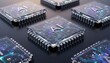 © Igor_Tichonow - Group of high performance artificial intelligence processors with silver pins and central branding on black matte surface