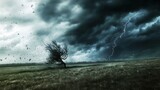 Rural landscape during a thunderstorm with dark clouds swirling over open fields flashes of lightning brightening the scene and the trees swaying in the fierce wind showcasing natures force