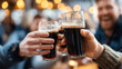 © Anastasiia Havelia - Close-up of friends clinking pints of dark stout beer with creamy foam, joyful celebration in a crowded Irish pub, warm ambient indoor light, bokeh background of happy people, with