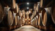 © horizon - Rows of stacked oak wine barrels sit in dim cellar with wooden ladder leaning against them highlighting rustic winery atmosphere view.