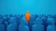 © Alex Pios - individuality, uniqueness, standing out, crowd, blue background, focus, concept of individuality, leadership A bright orange figure stands out among a sea of blue figures