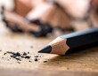 © Fakus - A close-up view presents a sharpened writing tool on a wooden surface, with shavings and residue. Focus is on its tip