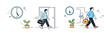 © Coosh448 - Caucasian male adult office entry and exit routine with briefcase and potted plant