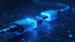 © Mystery - Glowing USB cables and connectors with electric blue data streams, digital transfer concept, modern connectivity, technological network, neon circuit patterns, fast charging theme