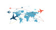 © Ariyan - Map of the world with multiple airplane flight paths connecting continents for global travel and international aviation concept.